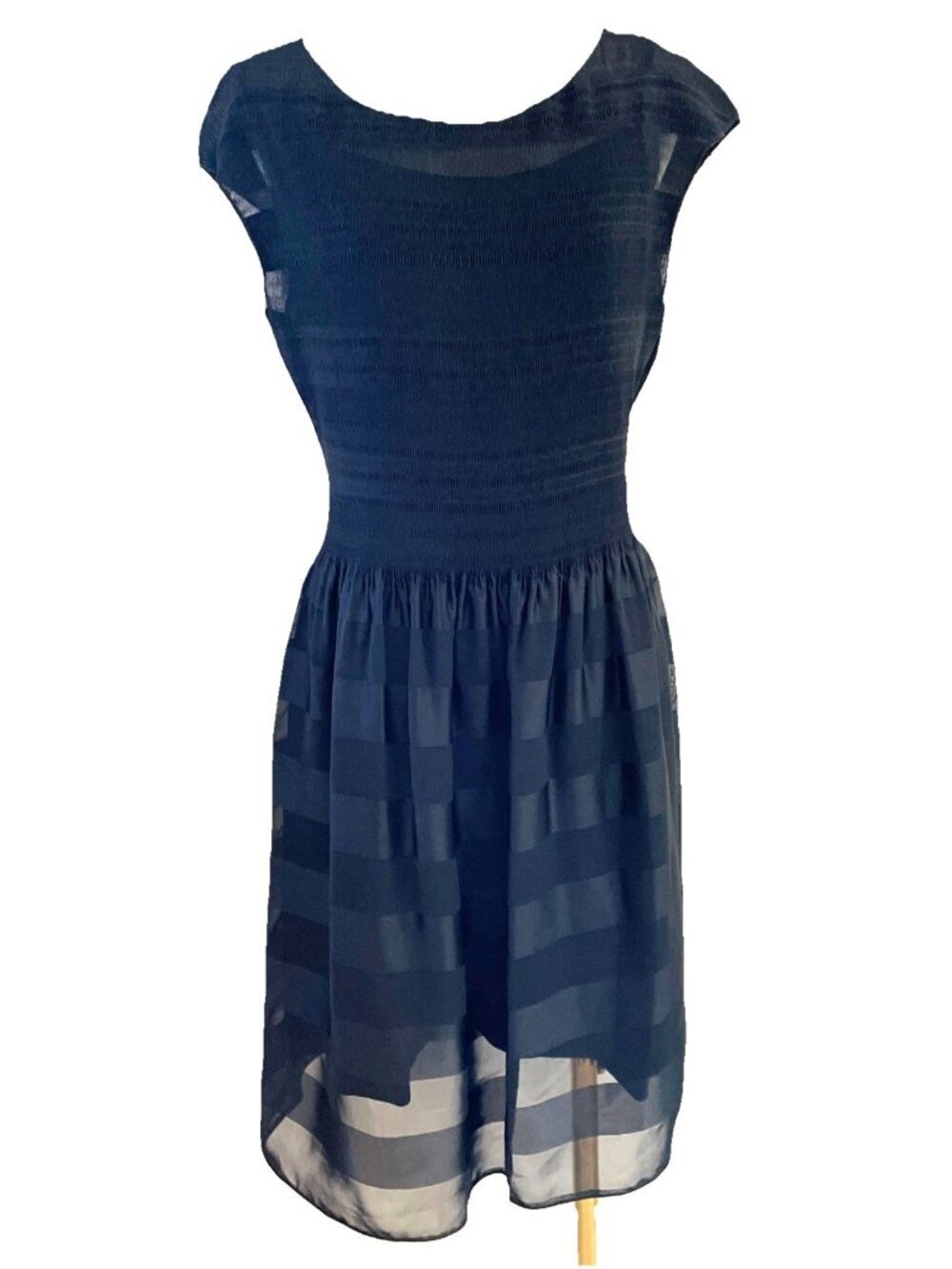 Max Studio Sheer Smocked Dress Size L Black Satin Stripe w/ Slip Whimsigoth Vamp